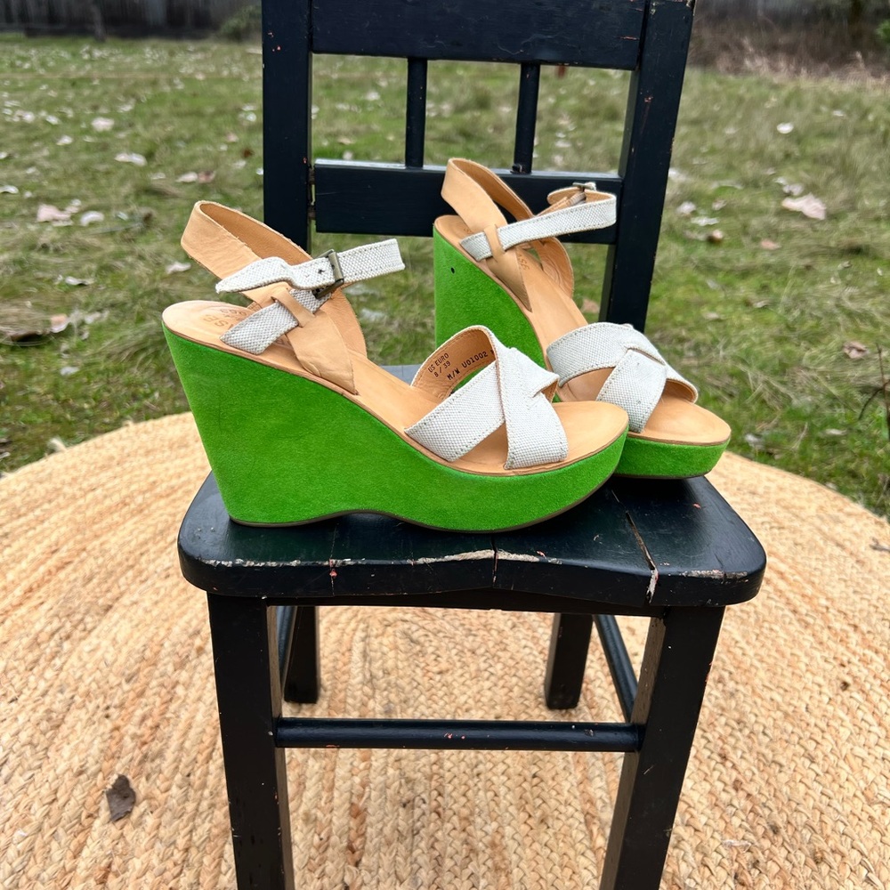 Kork-ease Green and Cream Wedge Sandals